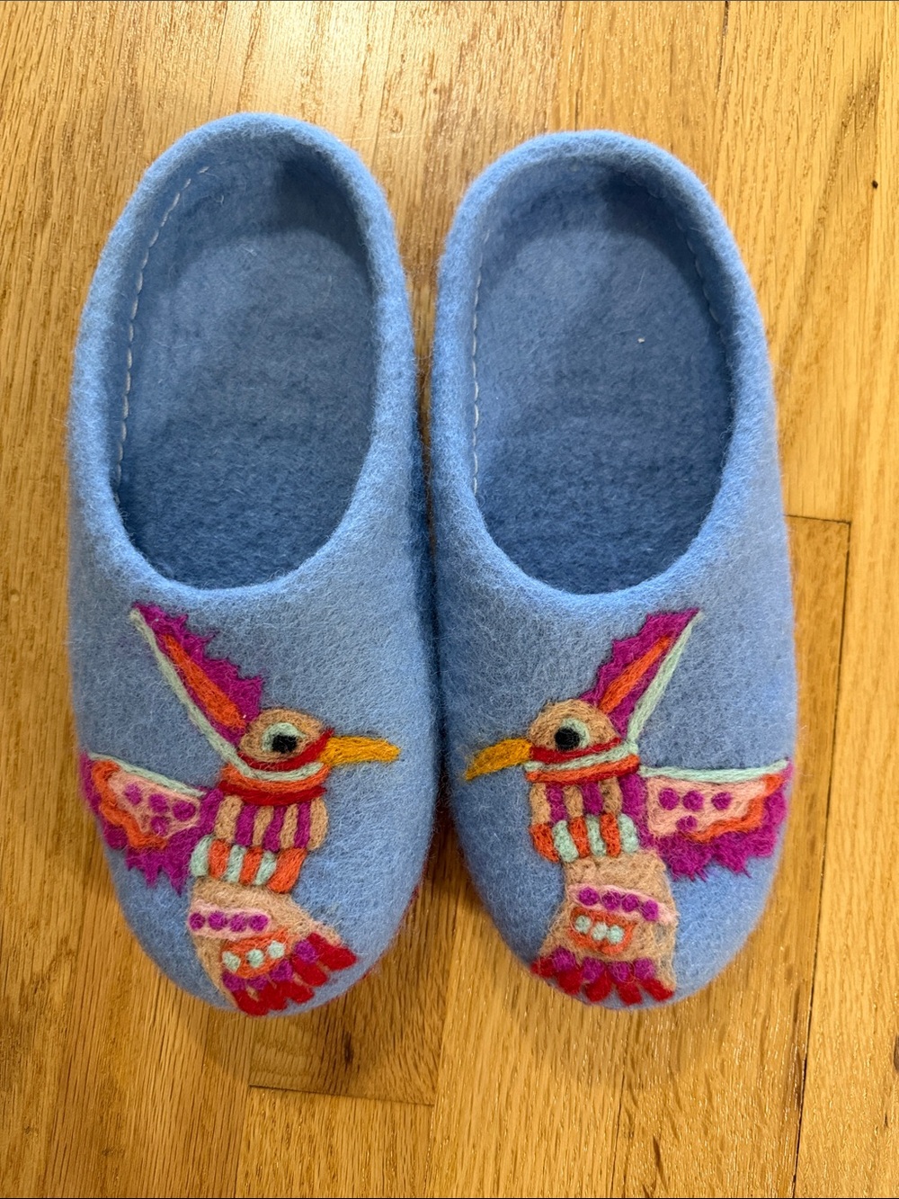 French Knot Hummingbird Wool Slippers Sz M/8